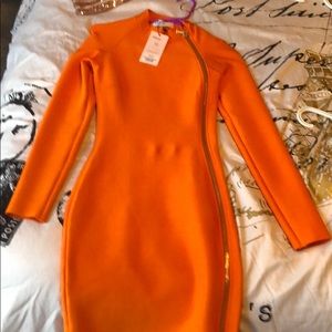 Orange fitted dress.